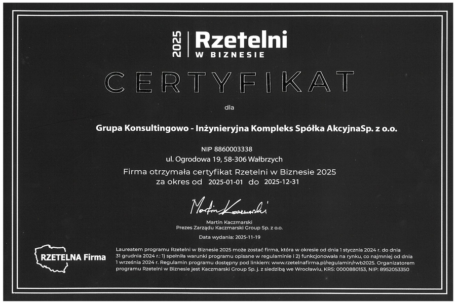 Certyfikat Rzetelni w Biznesie 2025 – kolejne potwierdzenie naszej wiarygodności